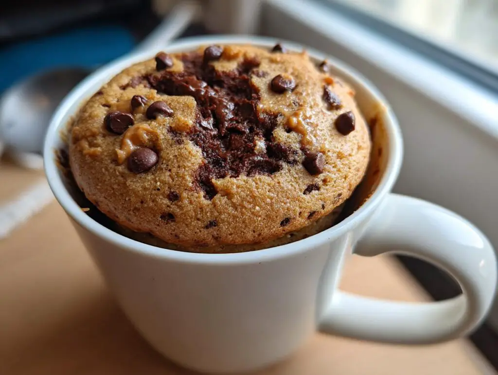 Close-up of a Greek Yogurt Chocolate Peanut Butter Mug Cake in a white mug, topped with chocolate chips.