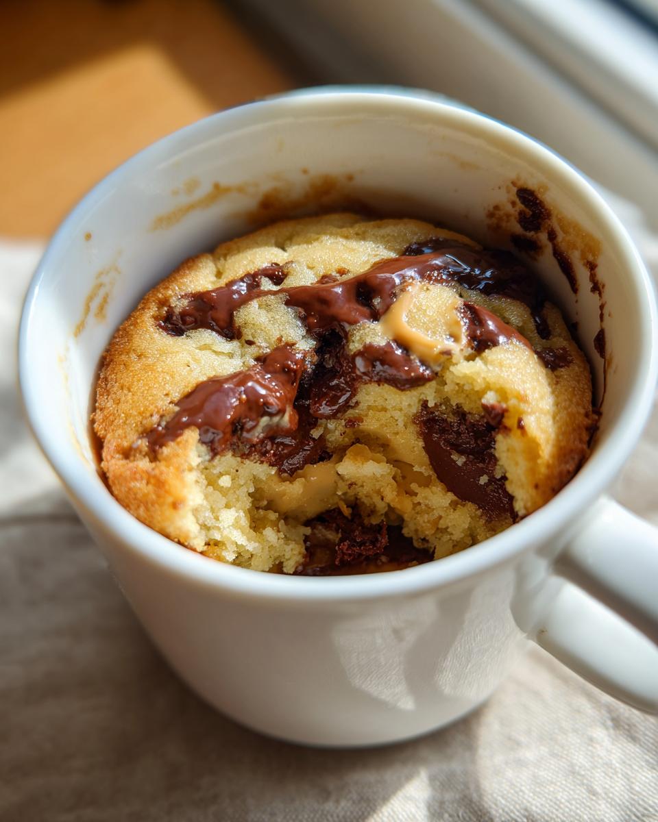 Close-up of a Greek Yogurt Chocolate Peanut Butter Mug Cake in a white mug, showing chocolate and peanut butter.