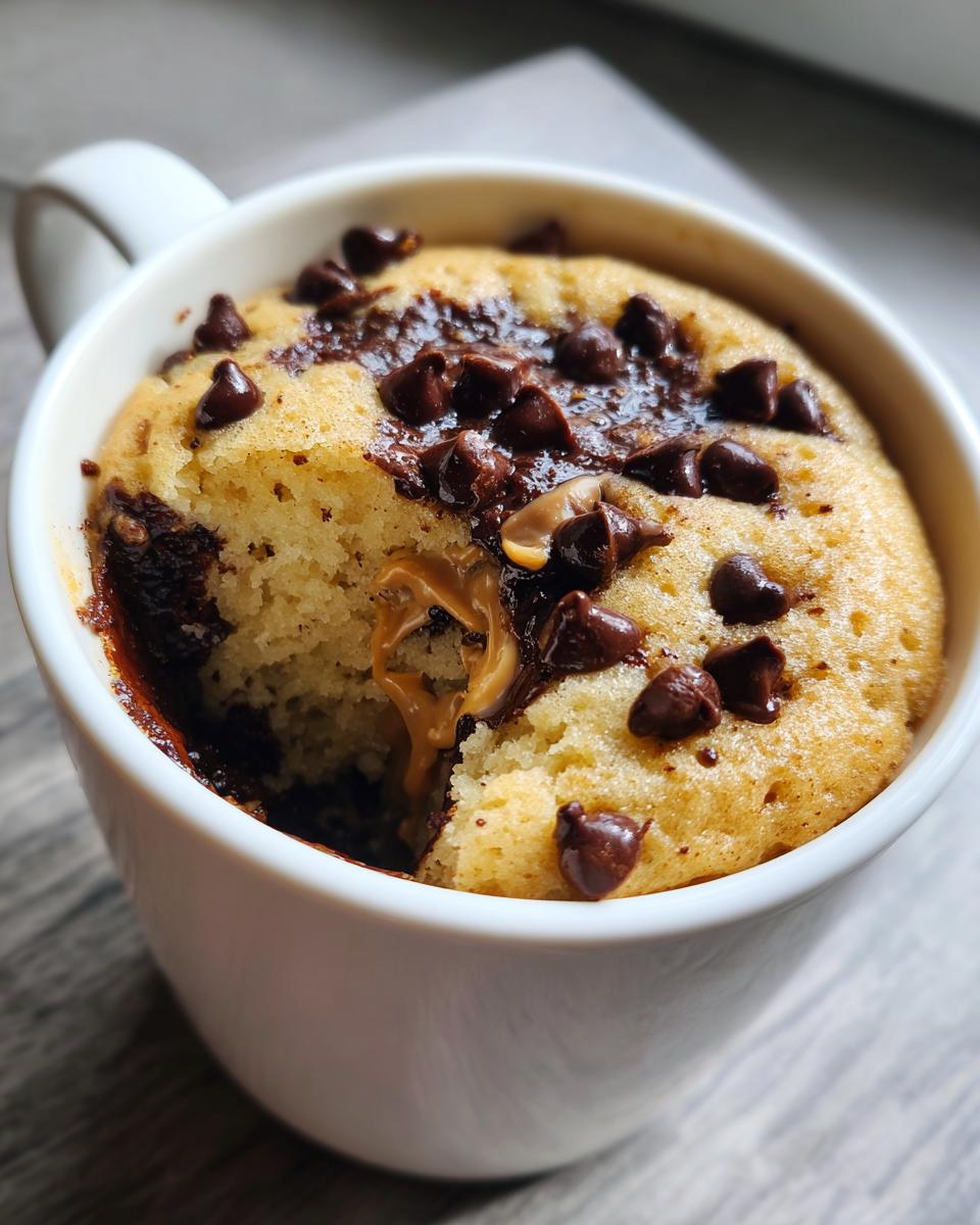 Close-up of a Greek Yogurt Chocolate Peanut Butter Mug Cake in a white mug, showing the inside.