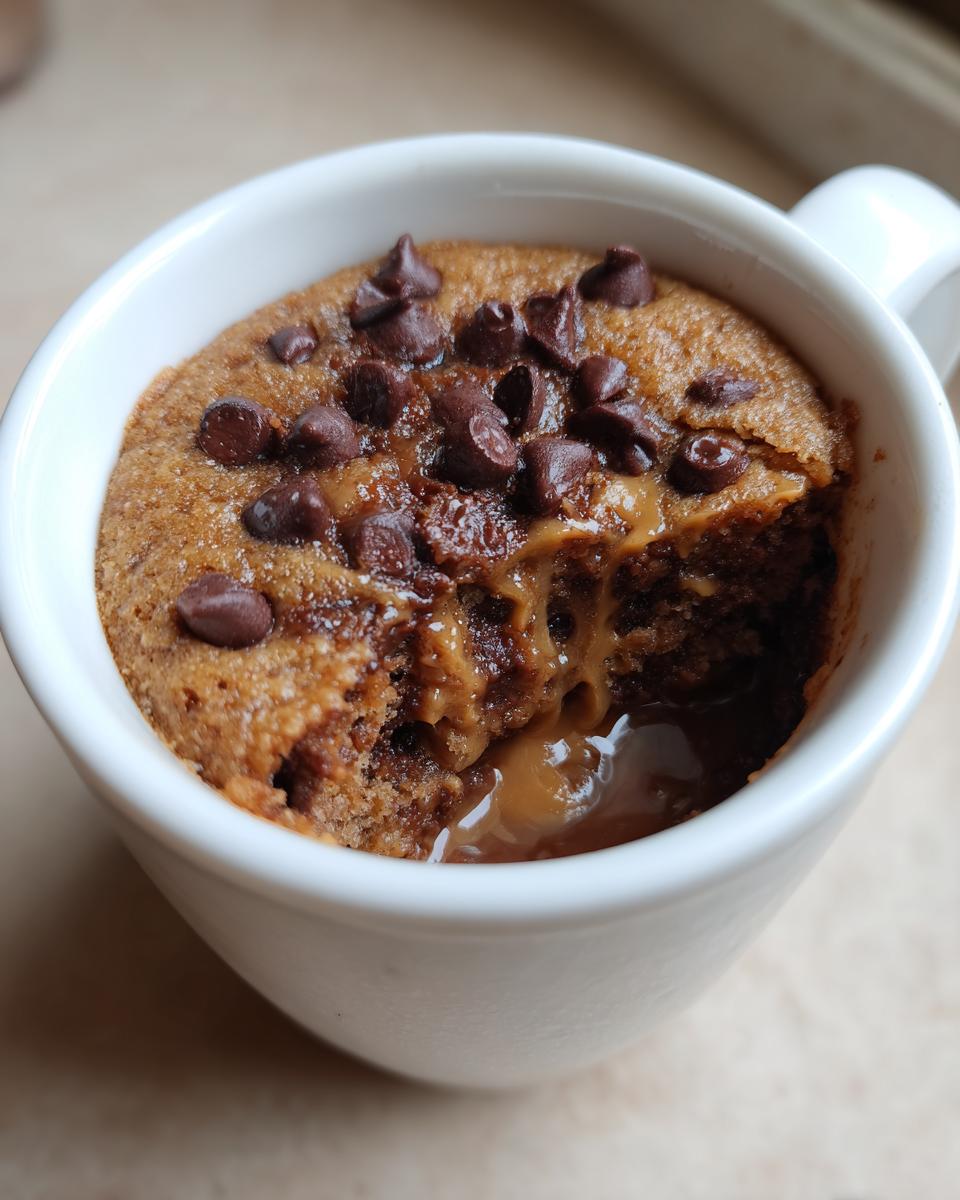 Close-up of a Greek Yogurt Chocolate Peanut Butter Mug Cake with chocolate chips and peanut butter filling.