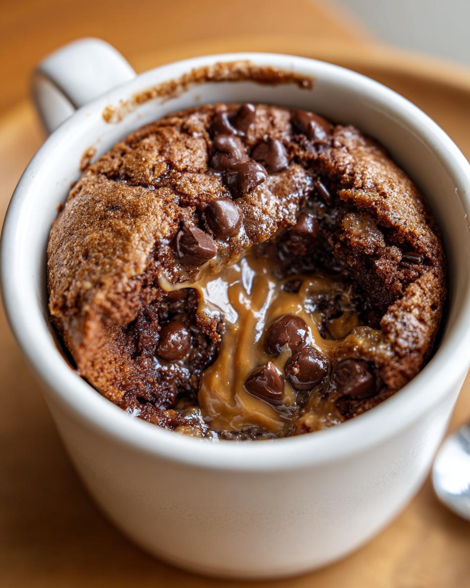 Close-up of a Greek Yogurt Chocolate Peanut Butter Mug Cake in a white mug, with chocolate chips.