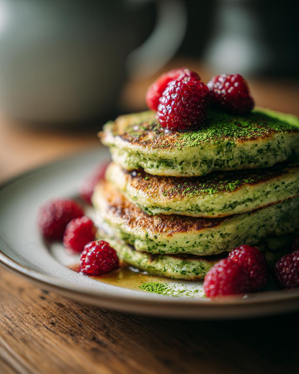 Stack of Green Smoothie Oatmeal Pancakes topped with fresh raspberries, a delicious and healthy breakfast.