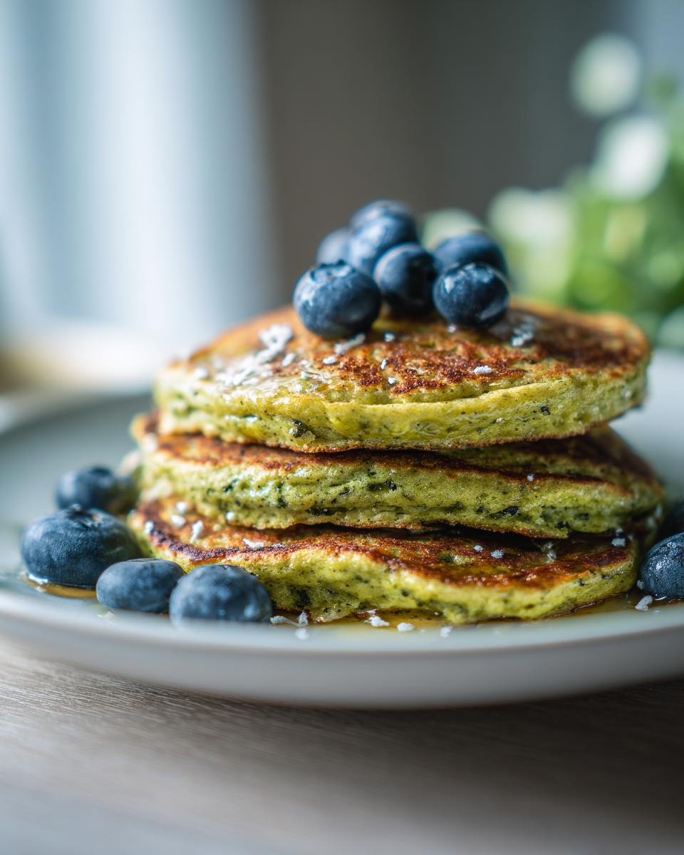 Stack of Green Smoothie Oatmeal Pancakes topped with blueberries, a healthy breakfast.