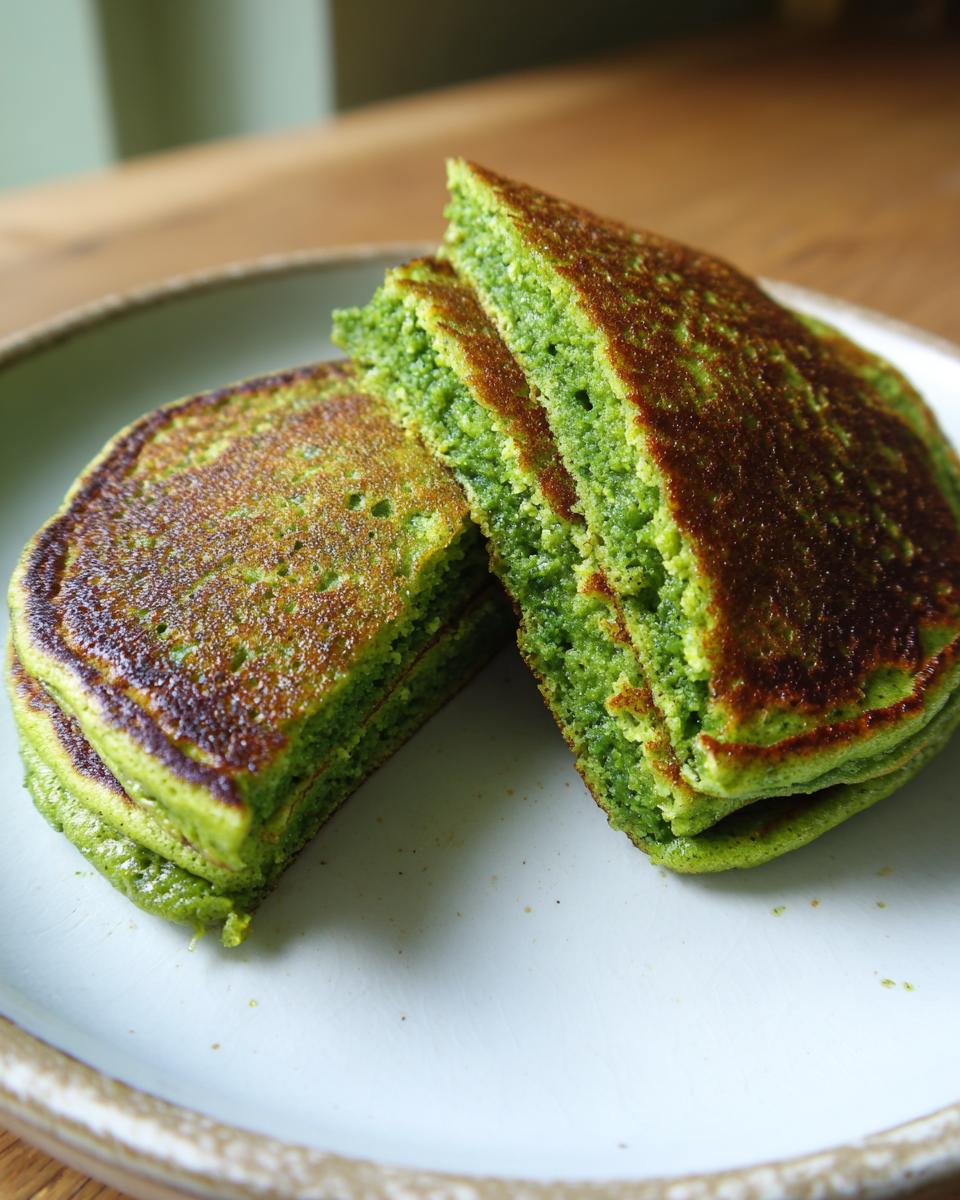 Close-up of sliced Green Smoothie Oatmeal Pancakes on a white plate, showing the fluffy texture.