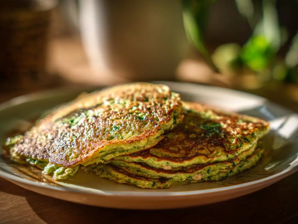 A stack of fluffy Green Smoothie Oatmeal Pancakes on a plate, ready to be enjoyed.