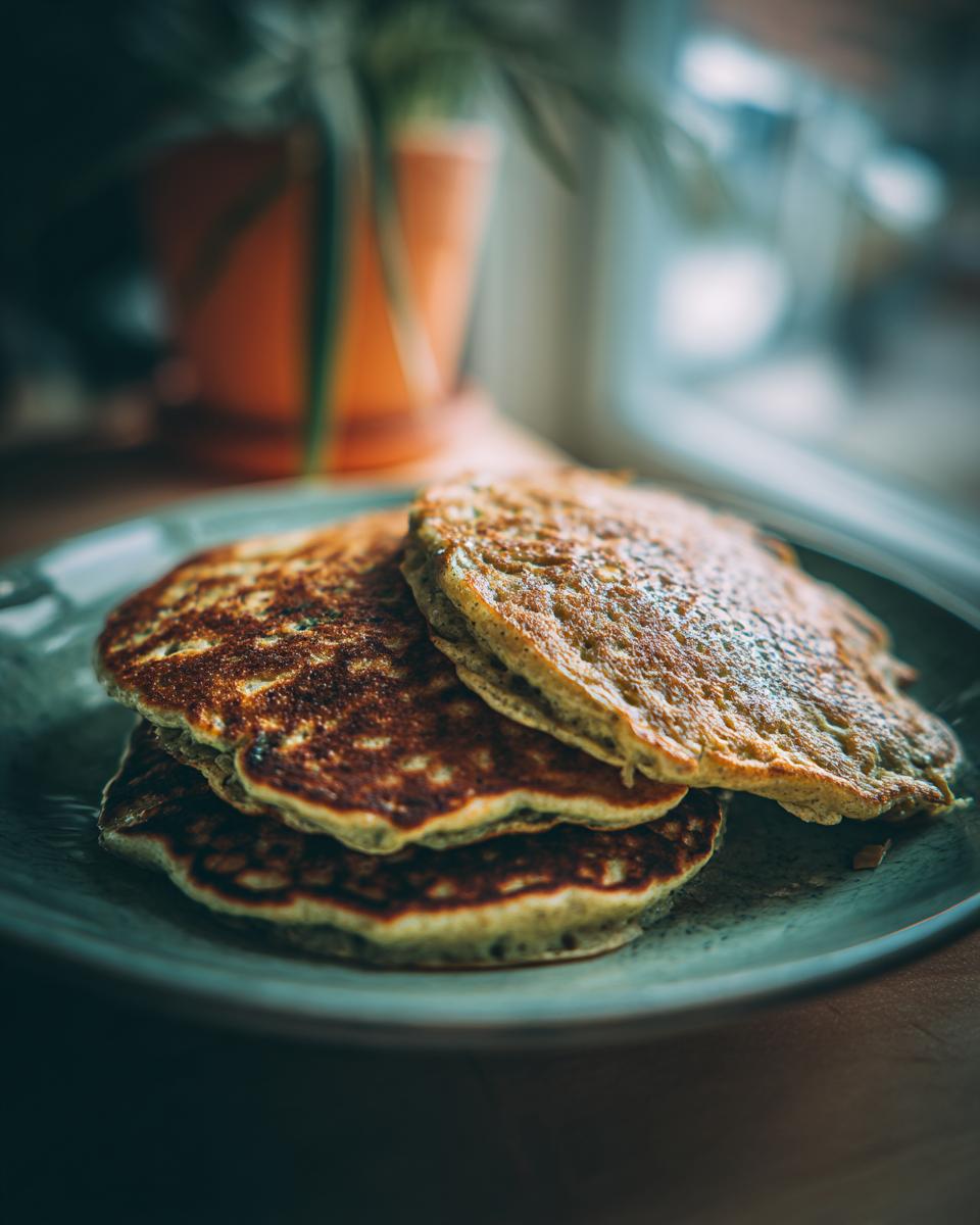A stack of fluffy Green Smoothie Oatmeal Pancakes on a plate, ready to eat.