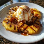 Grilled Pineapple Caramel Sundae with a scoop of vanilla ice cream and caramel drizzle. The perfect dessert!