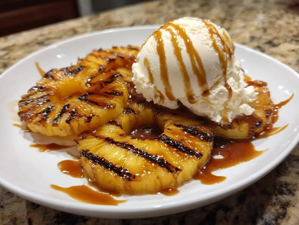 Grilled Pineapple Caramel Sundae with a scoop of vanilla ice cream and caramel drizzle.