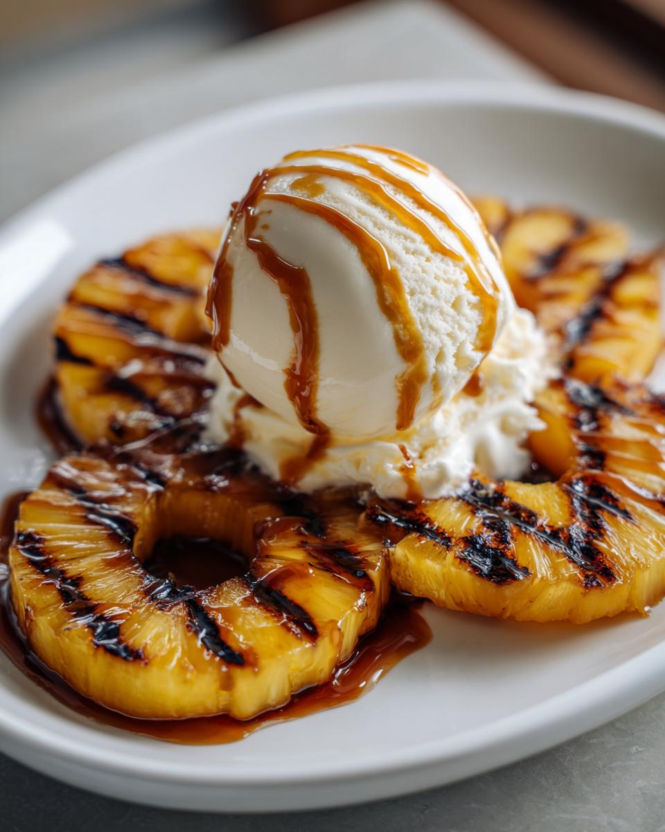 Close-up of a Grilled Pineapple Caramel Sundae with vanilla ice cream and caramel drizzle.