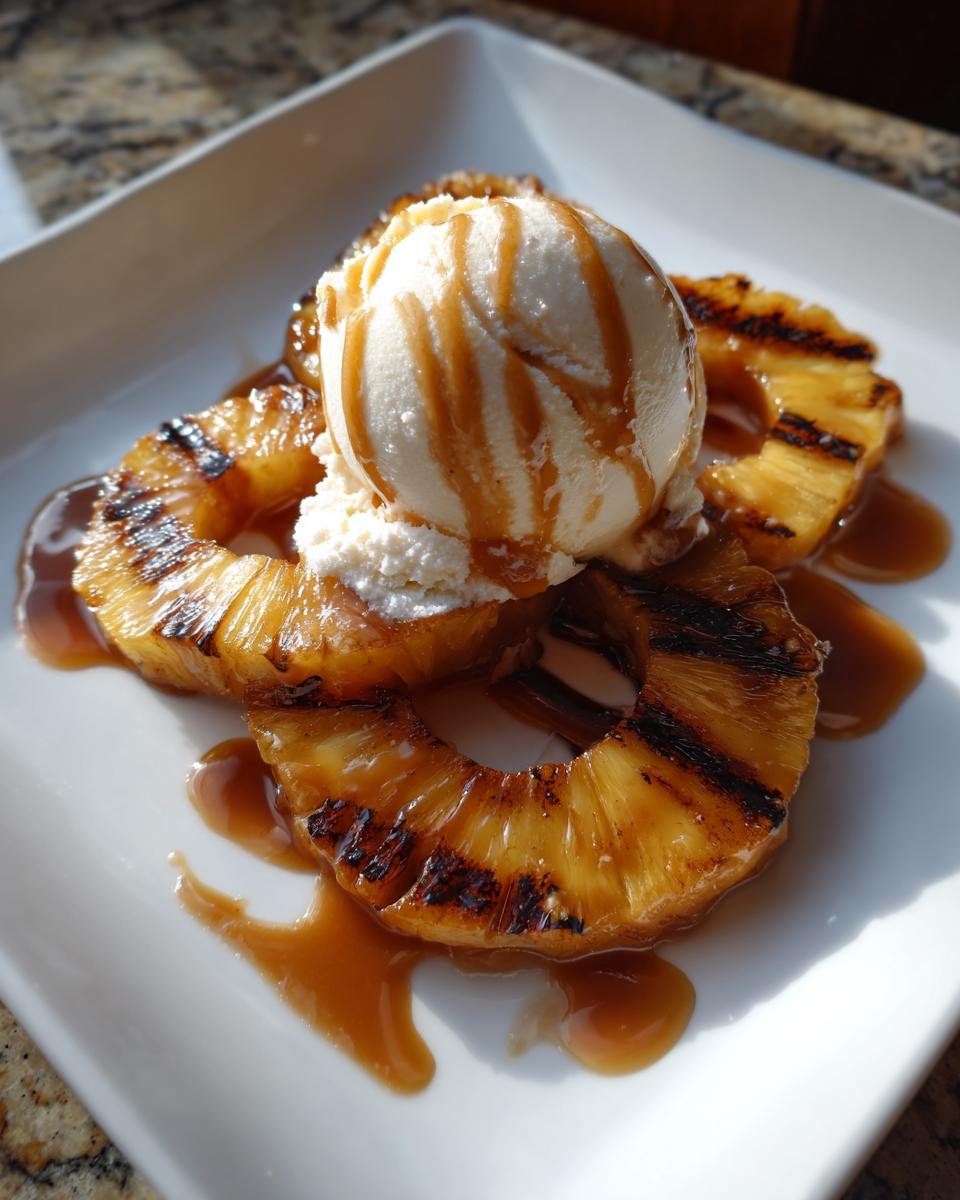 Grilled Pineapple Caramel Sundae with vanilla ice cream and caramel sauce, a delicious dessert.