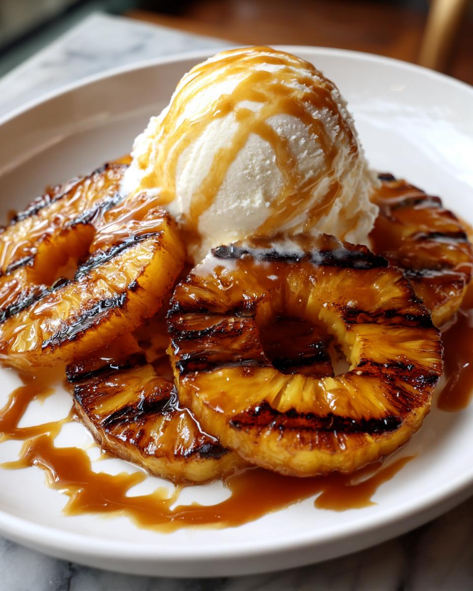 Grilled Pineapple Caramel Sundae with a scoop of vanilla ice cream and caramel sauce.
