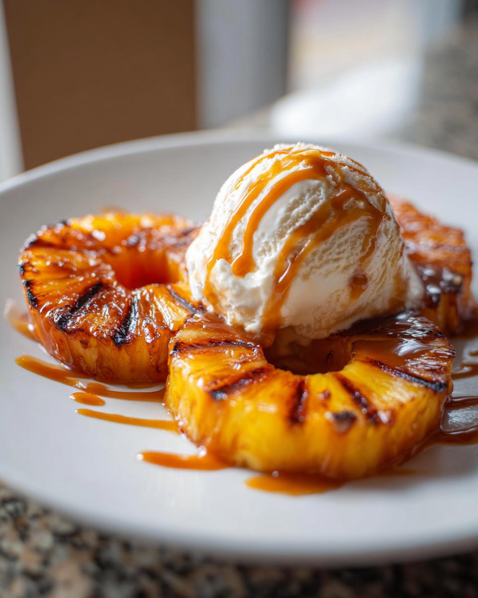 Close-up of a Grilled Pineapple Caramel Sundae with ice cream and caramel sauce, the perfect dessert. 