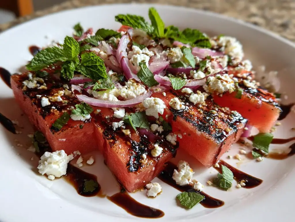 Close-up of Grilled Watermelon Feta Salad with feta cheese, red onion, and mint.