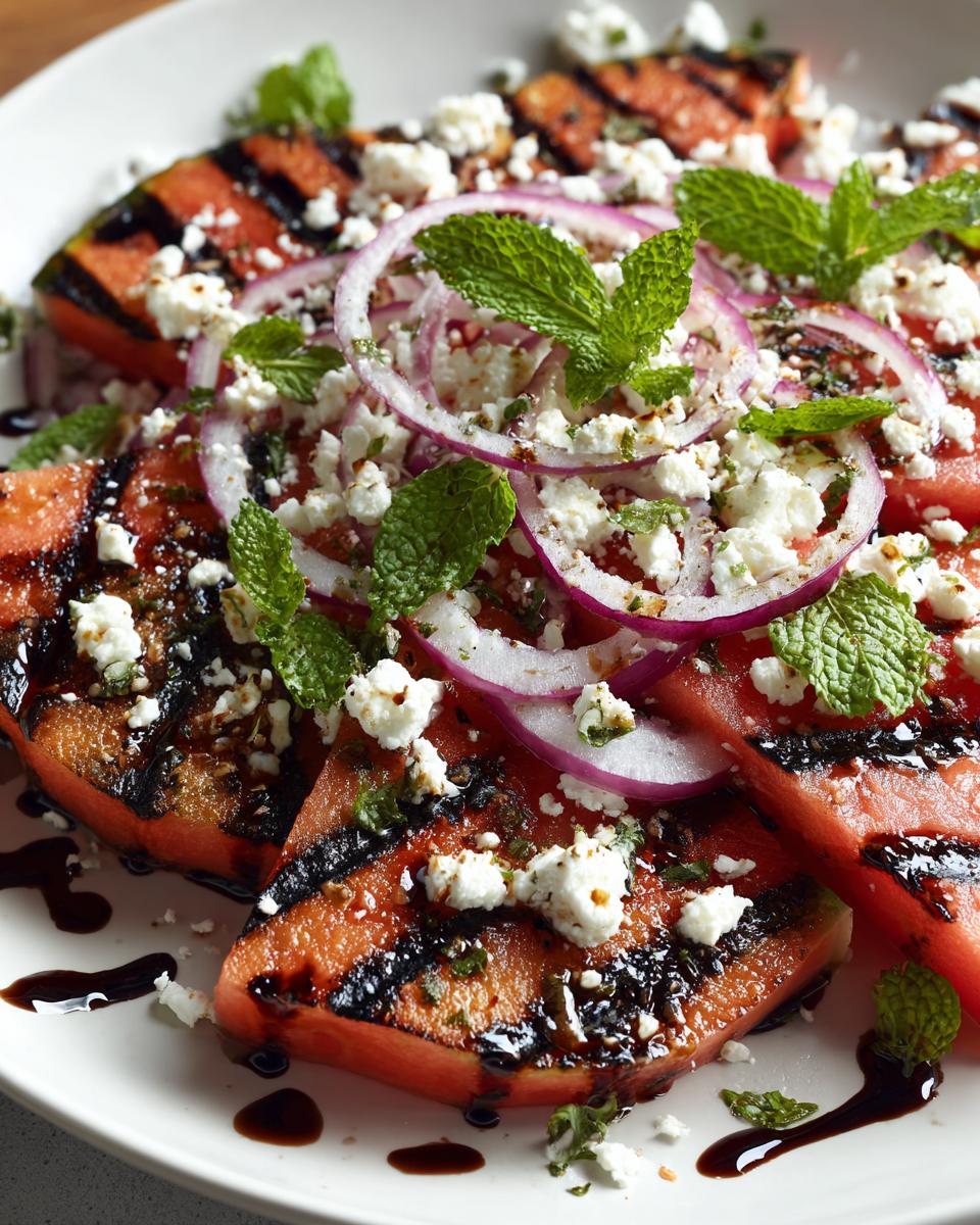 Grilled Watermelon Feta Salad: 10 Minutes to Delicious! 10 Close-up of a Grilled Watermelon Feta Salad with red onion, mint, and balsamic glaze.
