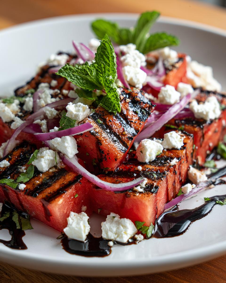 Grilled Watermelon Feta Salad: 10 Minutes to Delicious! 7 Close-up of a Grilled Watermelon Feta Salad with red onion, mint, and balsamic glaze.