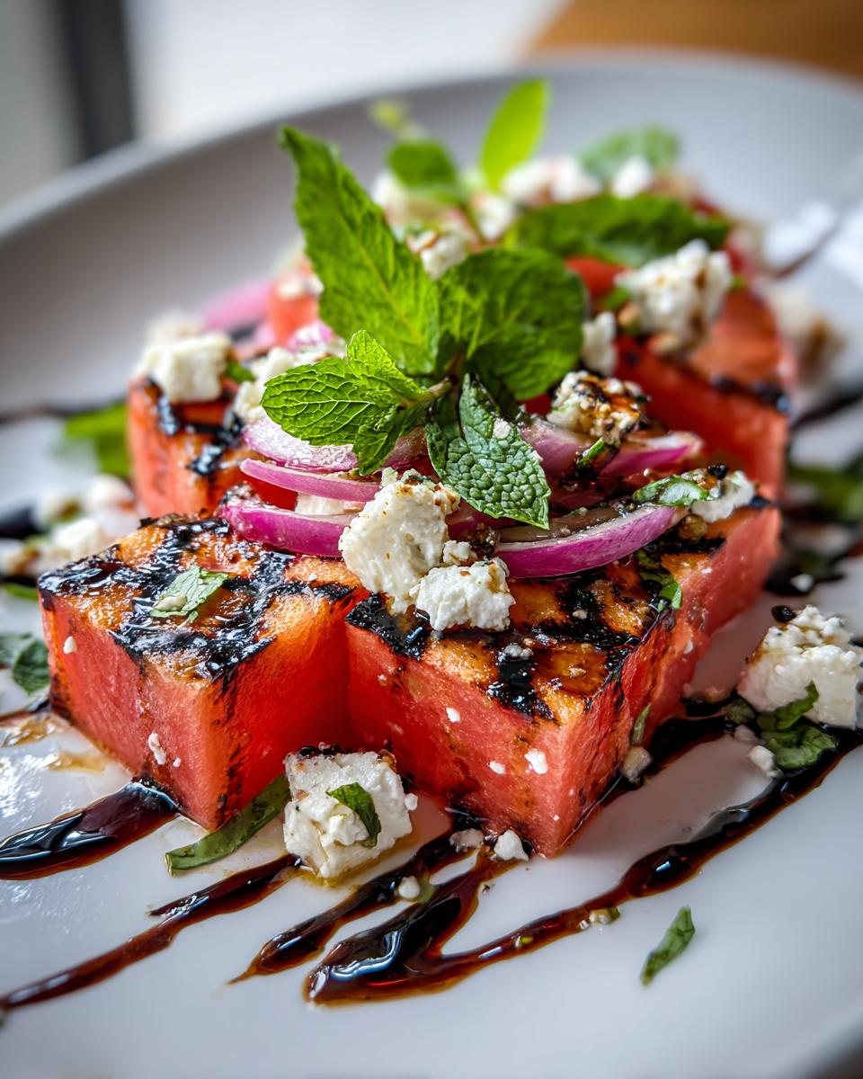 Grilled Watermelon Feta Salad: 10 Minutes to Delicious! 9 Close-up of a Grilled Watermelon Feta Salad with fresh mint and balsamic glaze. The Grilled Watermelon Feta Salad looks delicious.