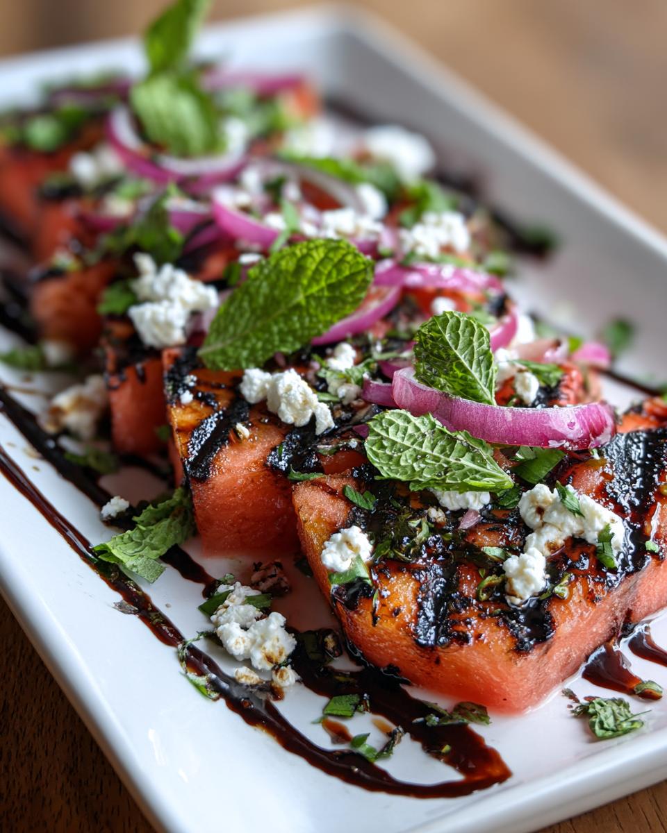 Grilled Watermelon Feta Salad: 10 Minutes to Delicious! 8 Close-up of a Grilled Watermelon Feta Salad with feta, red onion, and mint.