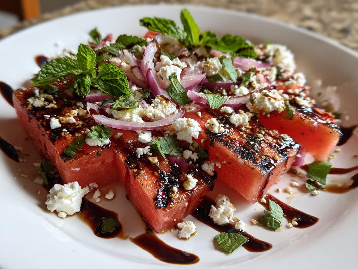 Close-up of Grilled Watermelon Feta Salad with feta cheese, red onion, and mint.