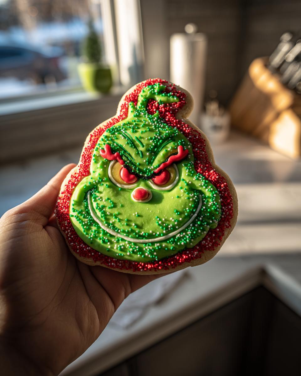 A hand holds a decorated Grinch cookie, featuring the character's green face with red and white sprinkles.