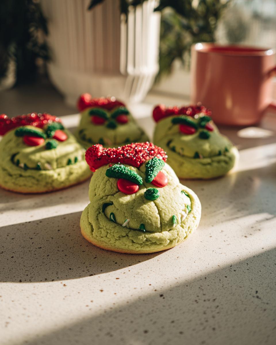 Close-up of four Grinch Cookies decorated to look like the Grinch's face, with green icing, red eyes, and sparkly red hair.