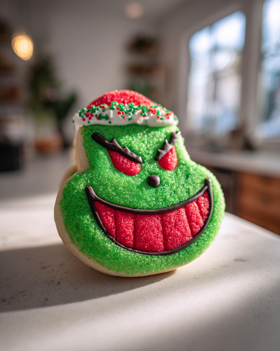 A close-up of a decorated Grinch cookie, featuring green frosting, red mouth, and festive hat.