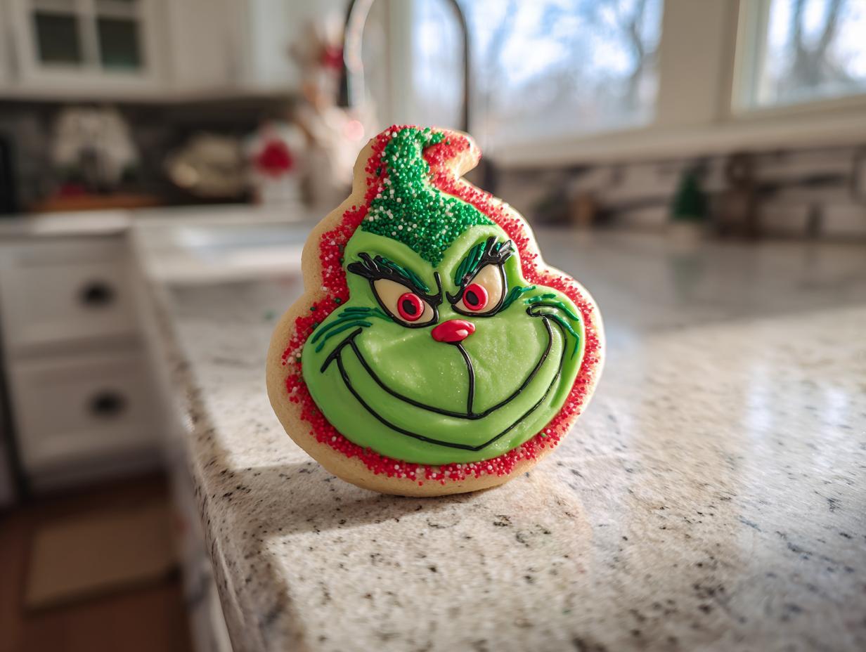 A close-up of a Grinch cookie, decorated with green icing, red and white sprinkles, and the Grinch's signature mischievous smile.