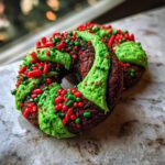 Close-up of two chocolate Grinch Cookies decorated with bright green icing and red and green sprinkles.