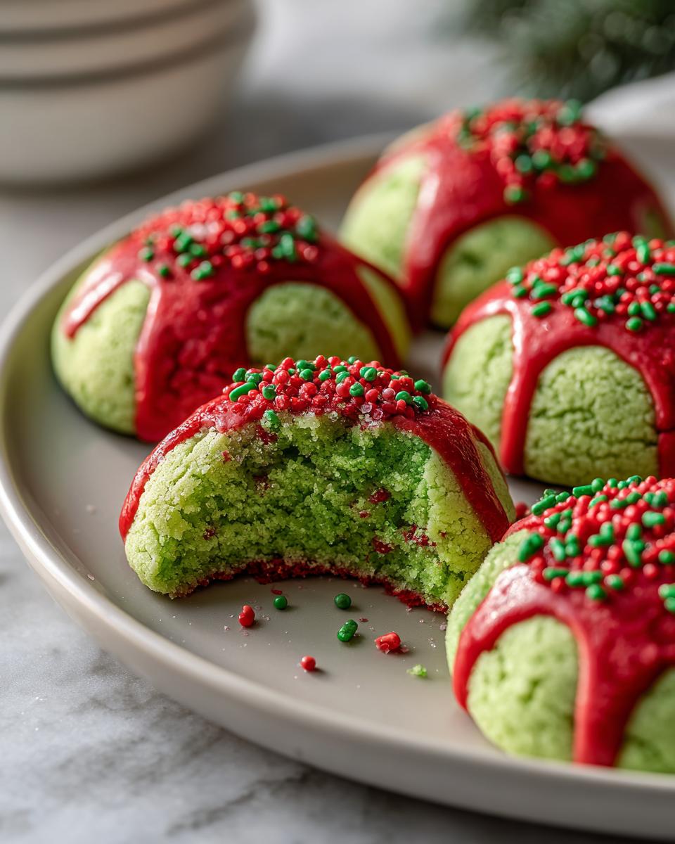 A plate of green Grinch Cookies topped with red icing and festive red and green sprinkles. One cookie has a bite taken out.