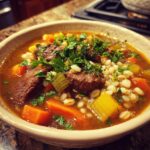 Close-up of a bowl of Hearty Beef & Barley Soup with beef chunks, barley, and vegetables.