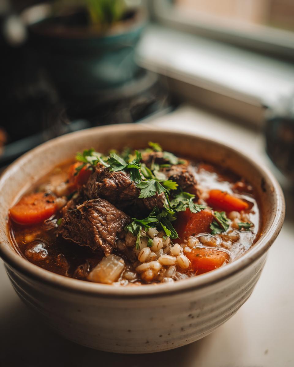 Close-up of a bowl of Hearty Beef & Barley Soup with beef chunks, barley, and carrots.