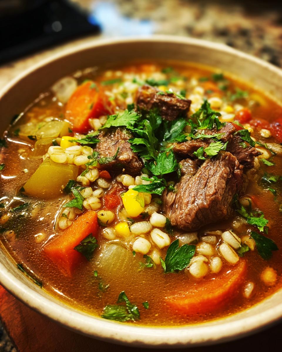 Close-up of a bowl of Hearty Beef & Barley Soup with beef chunks, barley, and vegetables.