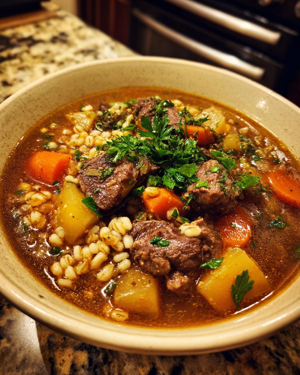 Close-up of a bowl of Hearty Beef & Barley Soup with beef, barley, carrots, and potatoes.