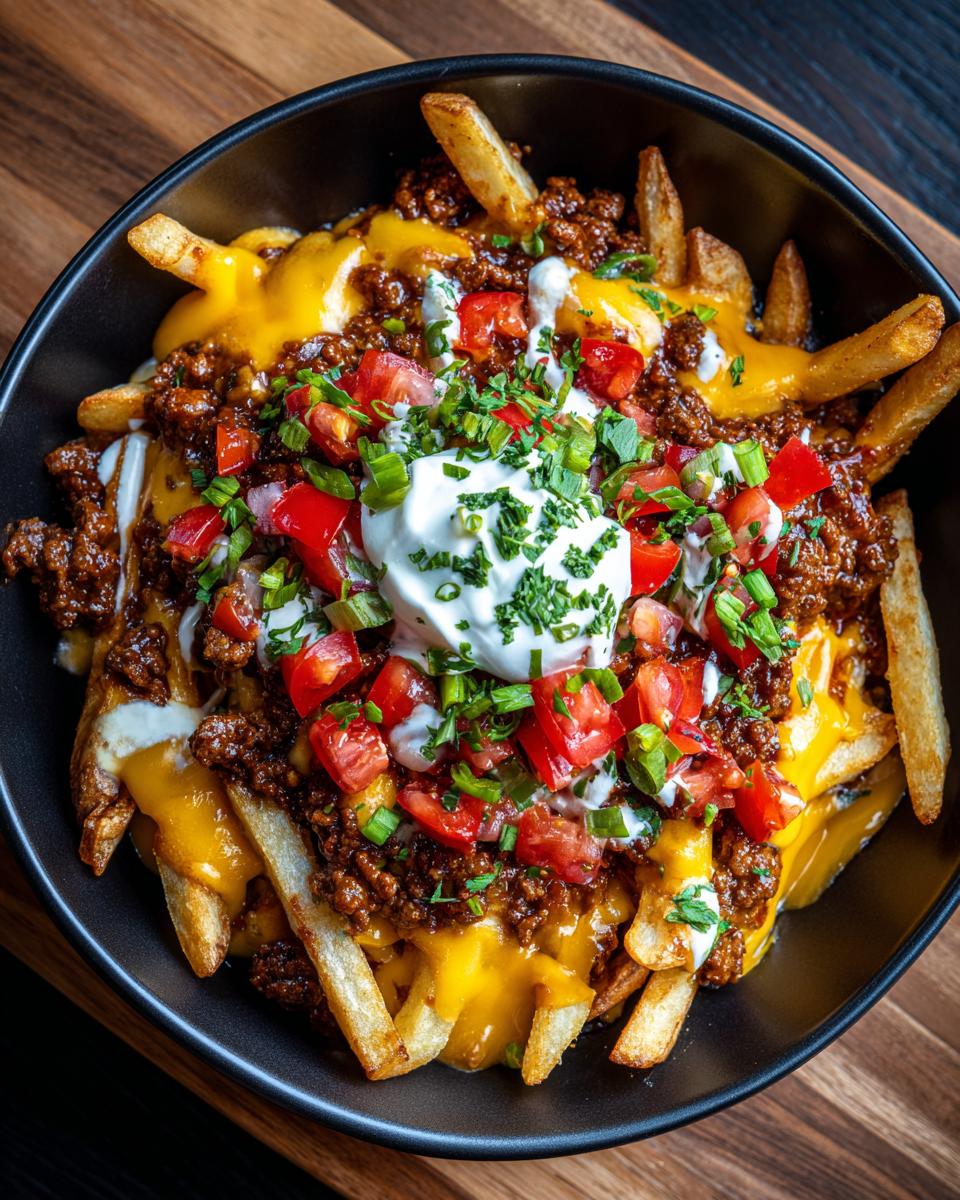 Close-up of a bowl of Hearty Chili Cheese Fries with toppings like sour cream and tomatoes.