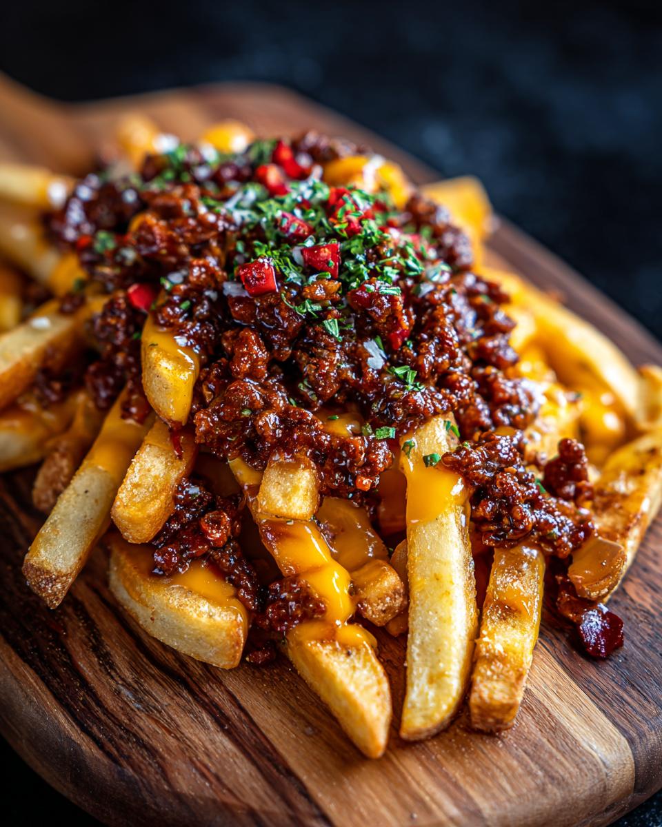 Close-up of delicious Hearty Chili Cheese Fries on a wooden board, topped with chili and cheese.