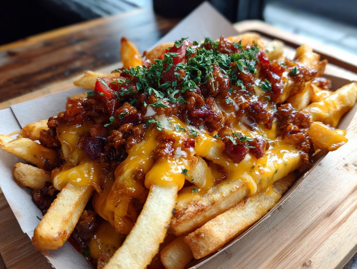 Close-up of a serving of Hearty Chili Cheese Fries, topped with chili, cheese, and herbs.