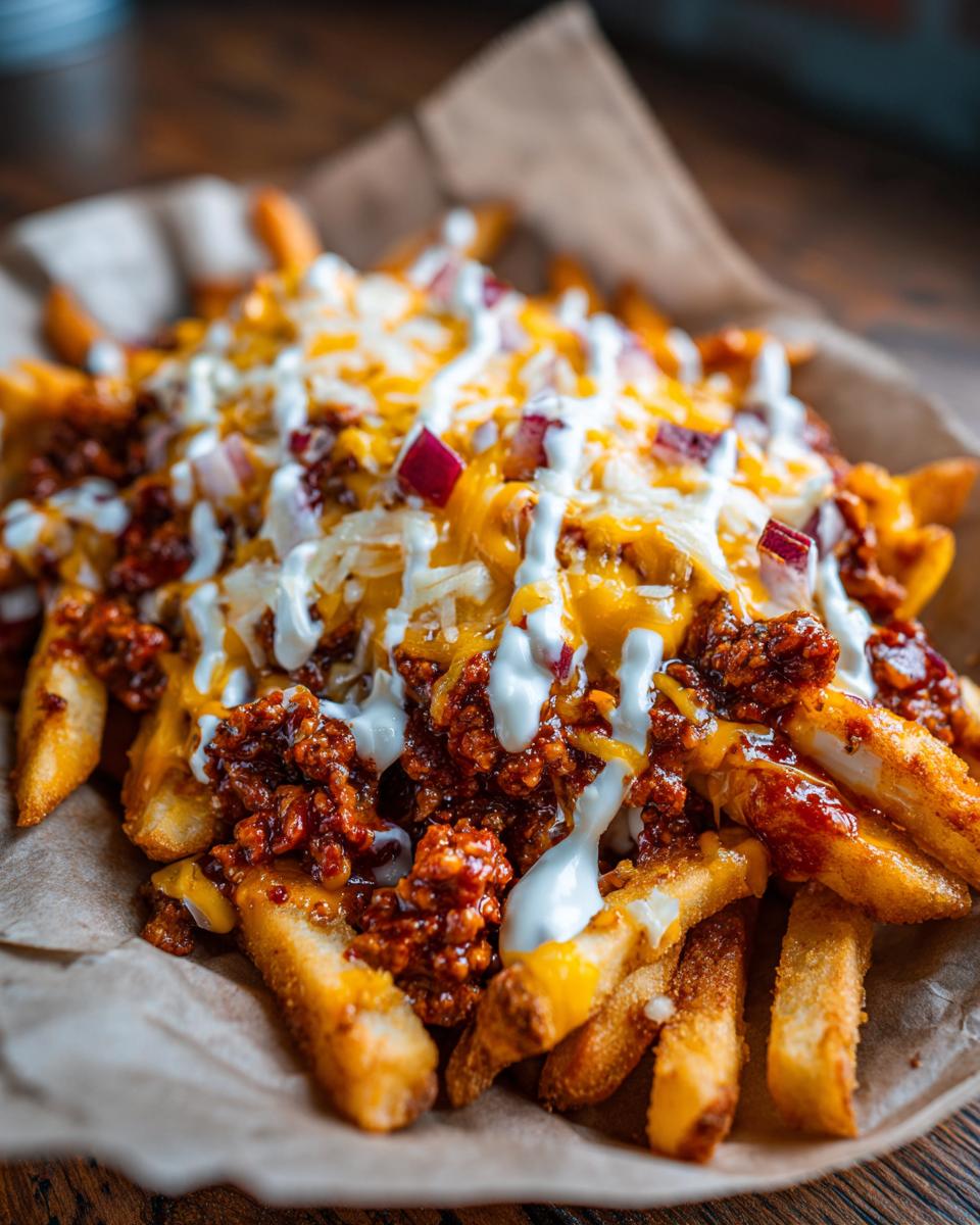 Close-up of a serving of Hearty Chili Cheese Fries with chili, cheese, sour cream, and onions.