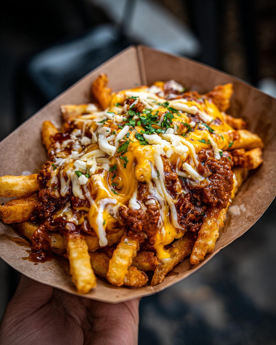 Close-up of a serving of Hearty Chili Cheese Fries, with melted cheese and chili.