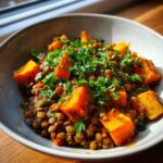 Close-up of a bowl of Hearty Lentil & Sweet Potato Stew, garnished with fresh herbs.
