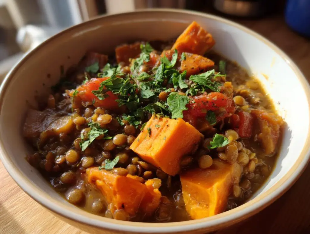 A bowl of Hearty Lentil & Sweet Potato Stew, garnished with fresh herbs.