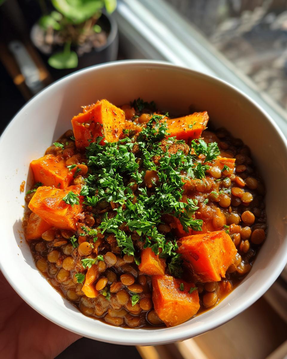 Close-up of a bowl of Hearty Lentil & Sweet Potato Stew, garnished with fresh herbs.