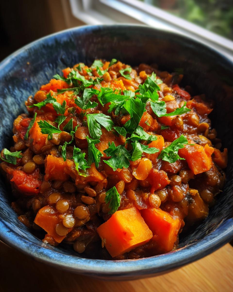 Close-up of a bowl of Hearty Lentil & Sweet Potato Stew with fresh parsley garnish.