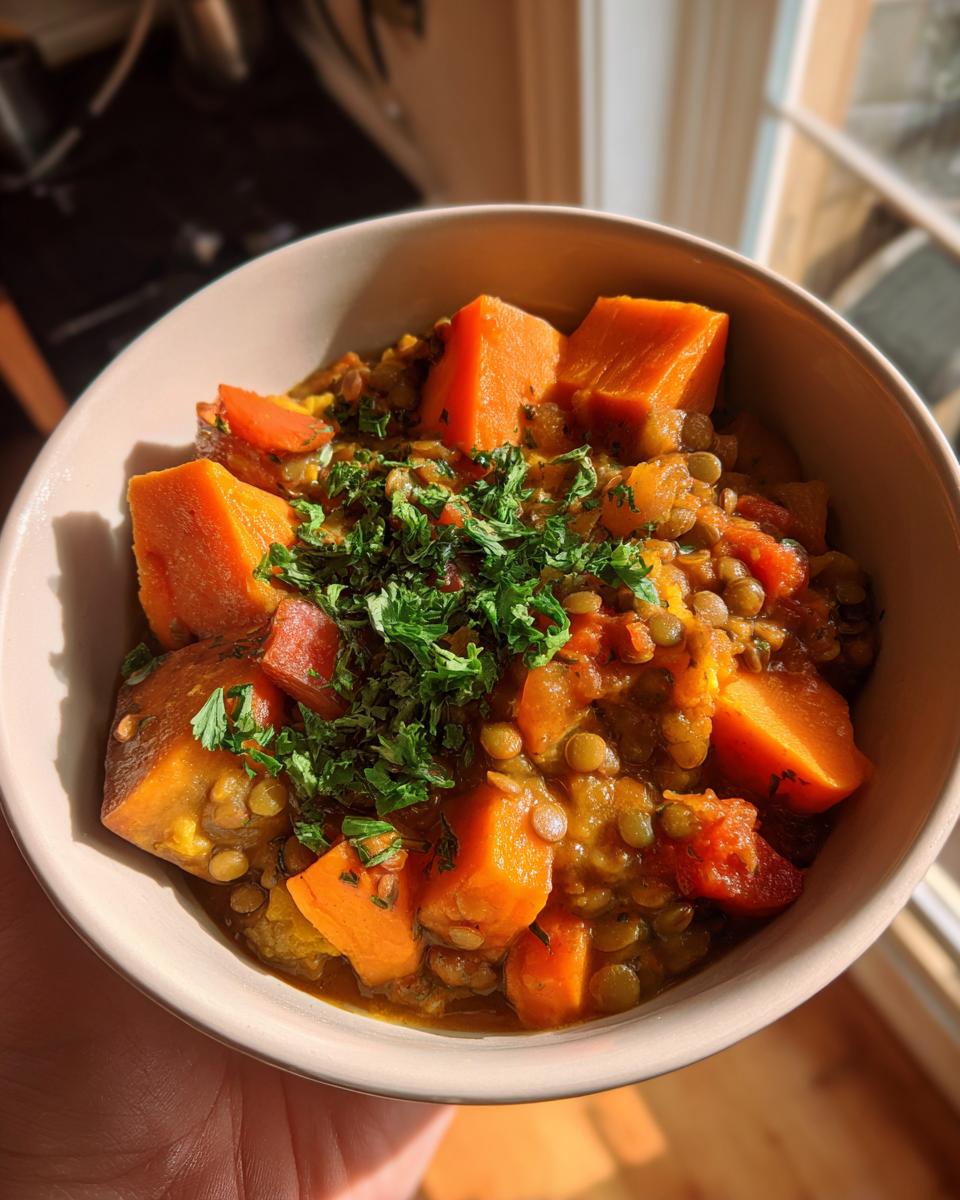 A bowl of Hearty Lentil & Sweet Potato Stew with sweet potato chunks and fresh herbs.
