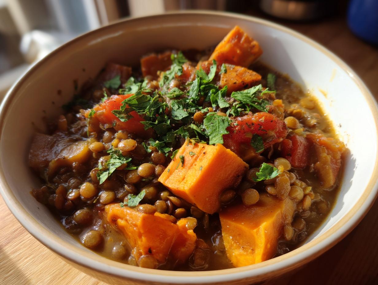 A bowl of Hearty Lentil & Sweet Potato Stew, garnished with fresh herbs.