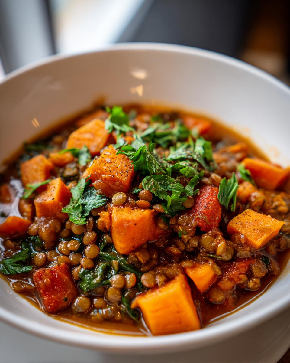 Close-up of a bowl of Hearty Lentil & Sweet Potato Stew with sweet potato cubes and fresh herbs.