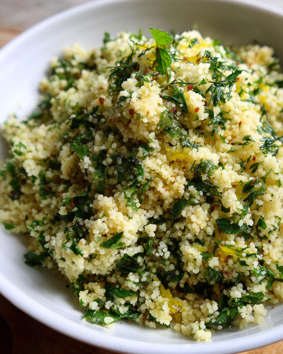 12-Minute Delight: Amazing Herbed Couscous Recipe 7 Close-up of a bowl of delicious herbed couscous with fresh herbs and lemon zest.