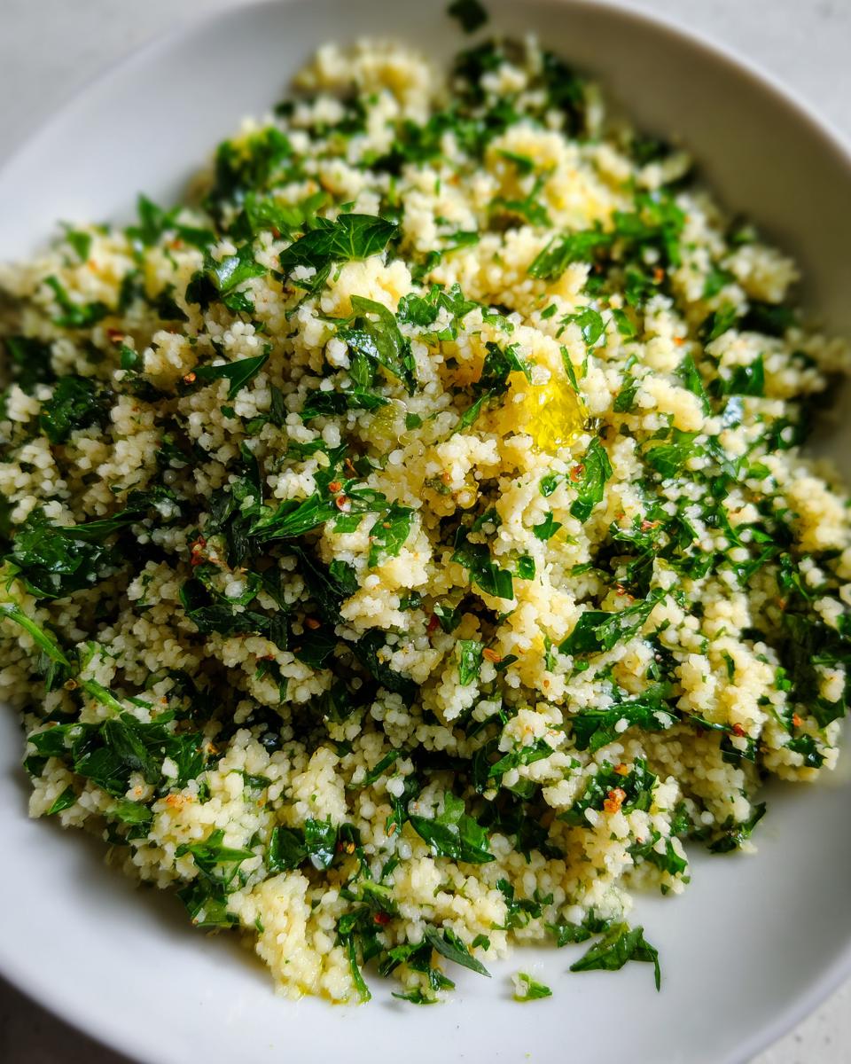 12-Minute Delight: Amazing Herbed Couscous Recipe 8 Close-up of a bowl of fresh Herbed Couscous, garnished with herbs and olive oil.