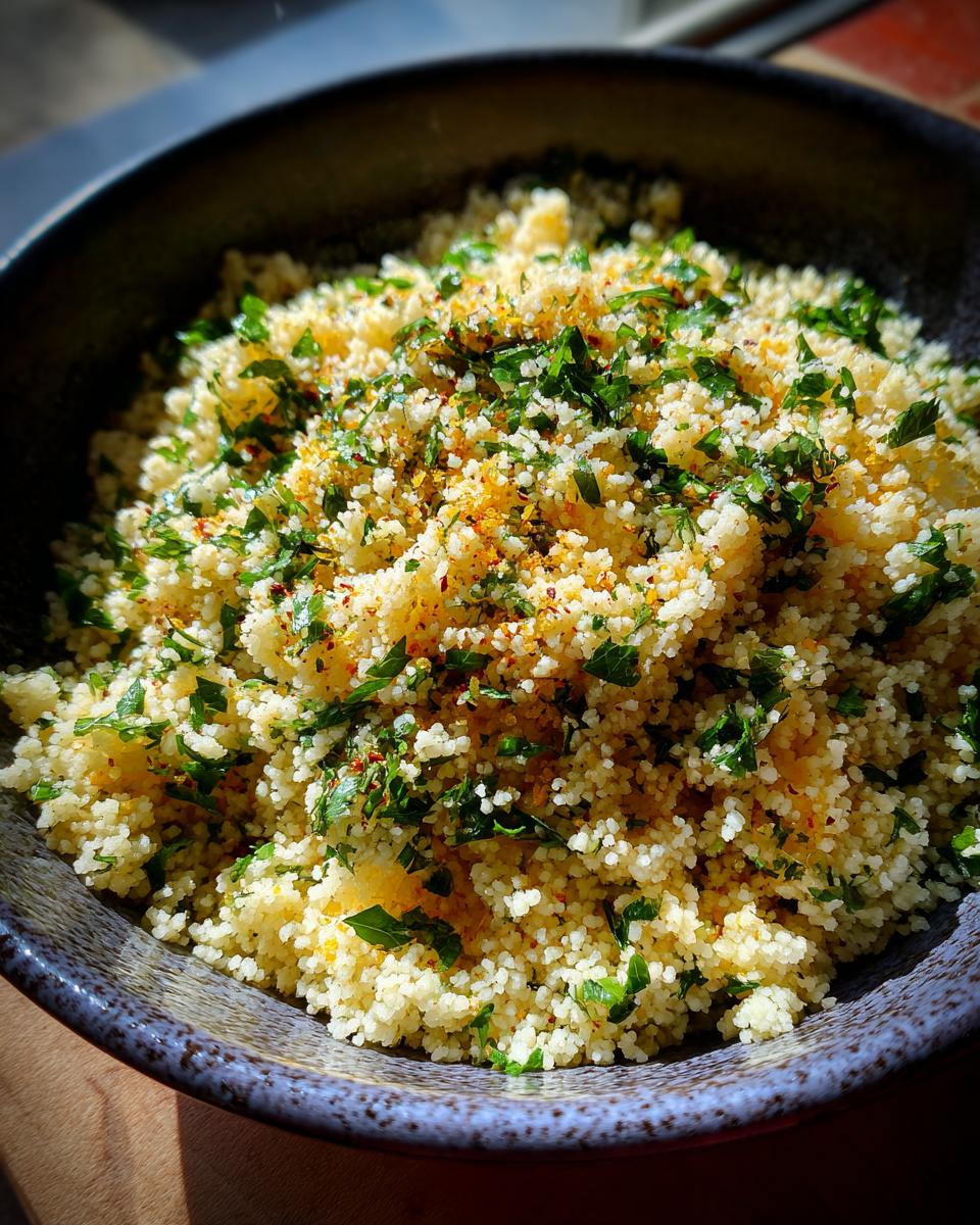 12-Minute Delight: Amazing Herbed Couscous Recipe 9 Close-up of a bowl of delicious Herbed Couscous, garnished with fresh herbs and spices.