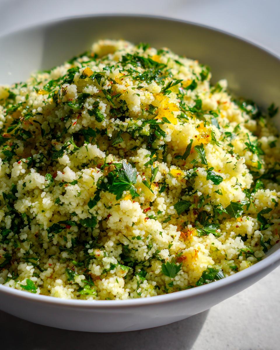 12-Minute Delight: Amazing Herbed Couscous Recipe 10 Close-up of a bowl of delicious herbed couscous, garnished with fresh herbs.