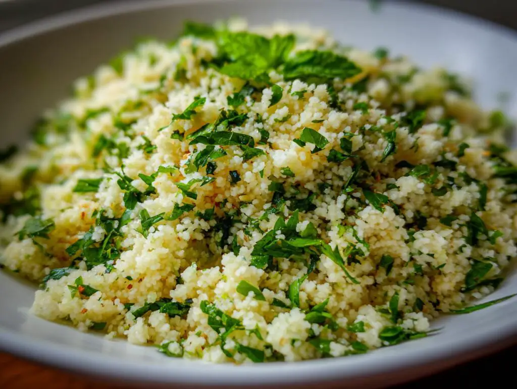 Close-up of a bowl of delicious Herbed Couscous, garnished with fresh herbs.