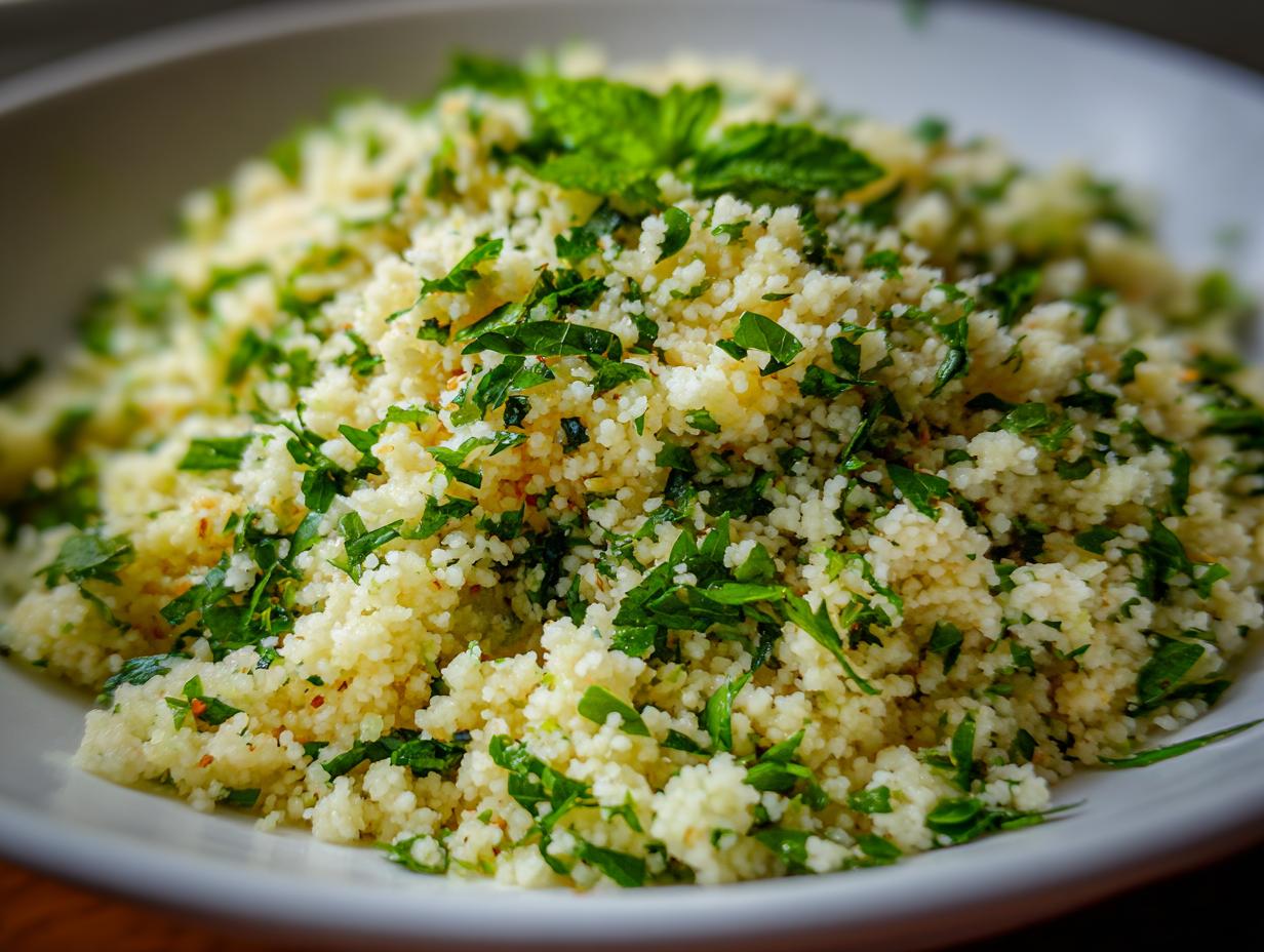 Close-up of a bowl of delicious Herbed Couscous, garnished with fresh herbs.